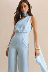 Gliselle | Powder Blue Asymmetric-Neck Jumpsuit With Scarf-Detail