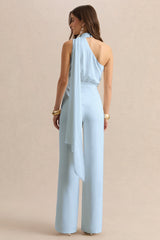 Gliselle | Powder Blue Asymmetric-Neck Jumpsuit With Scarf-Detail