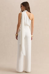 Gliselle | White Asymmetric-Neck Jumpsuit With Scarf-Detail