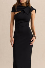 Clarina | Black Asymmetric-Neck Midi Dress With Bow-Detail
