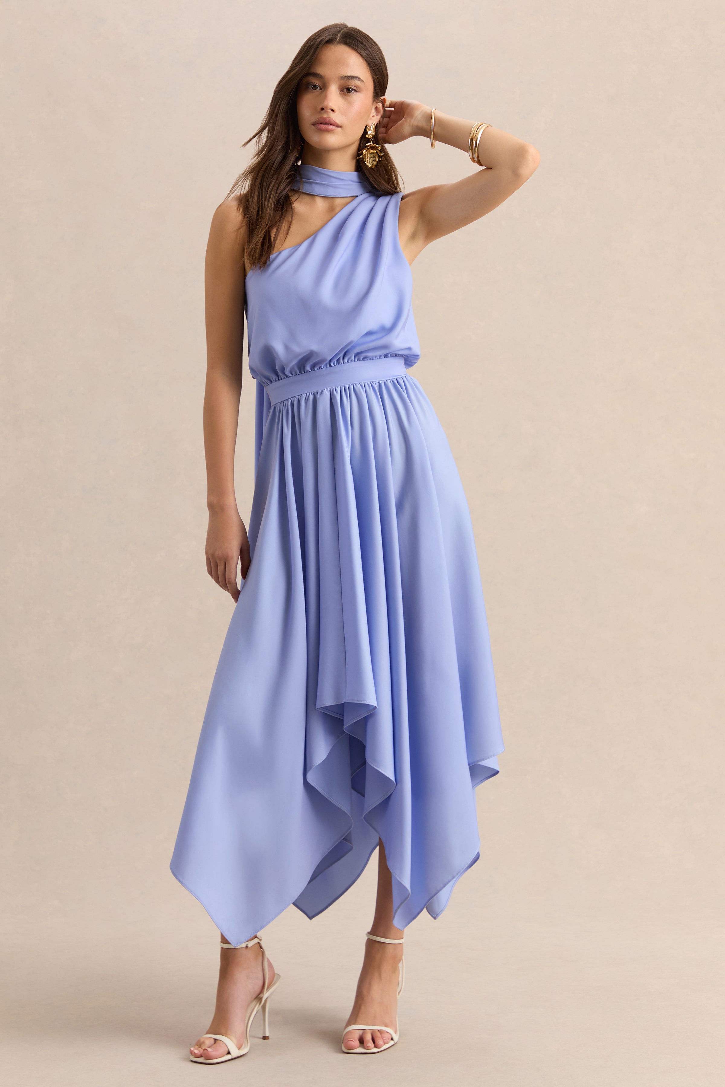 Caluna | Powder Blue Satin Asymmetric-Neck Midi Dress With Scarf-Detail