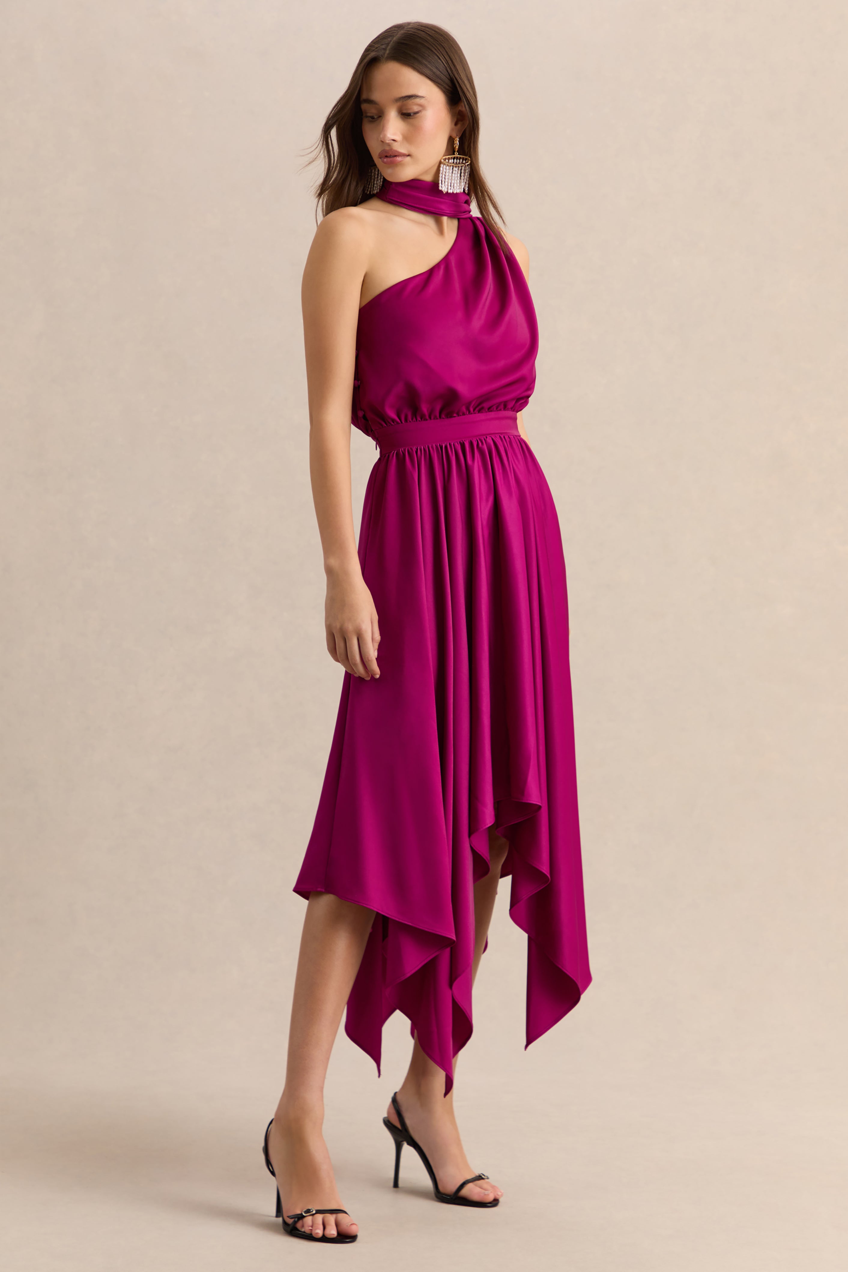 Caluna | Hot Pink Satin Asymmetric-Neck Midi Dress With Scarf-Detail