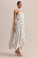 Caluna | White And Black Polka Dot Satin Asymmetric-Neck Midi Dress With Scarf-Detail