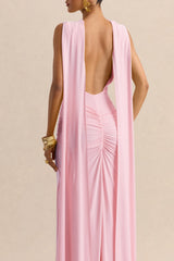 Premiere | Light Pink Boat-Neck Maxi Dress With Cape-Sleeves And Open-Back