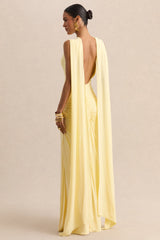 Premiere | Lemon Boat-Neck Maxi Dress With Cape-Sleeves And Open-Back