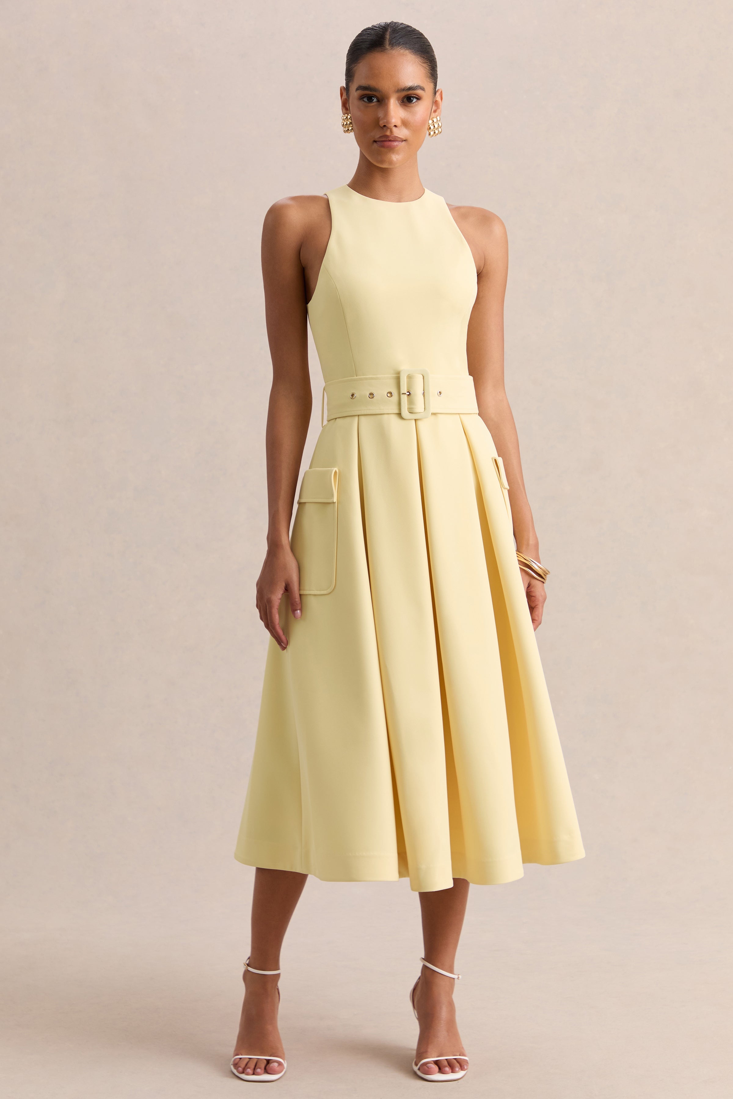 Magnora | Lemon Crew-Neck Belted Midi Dress