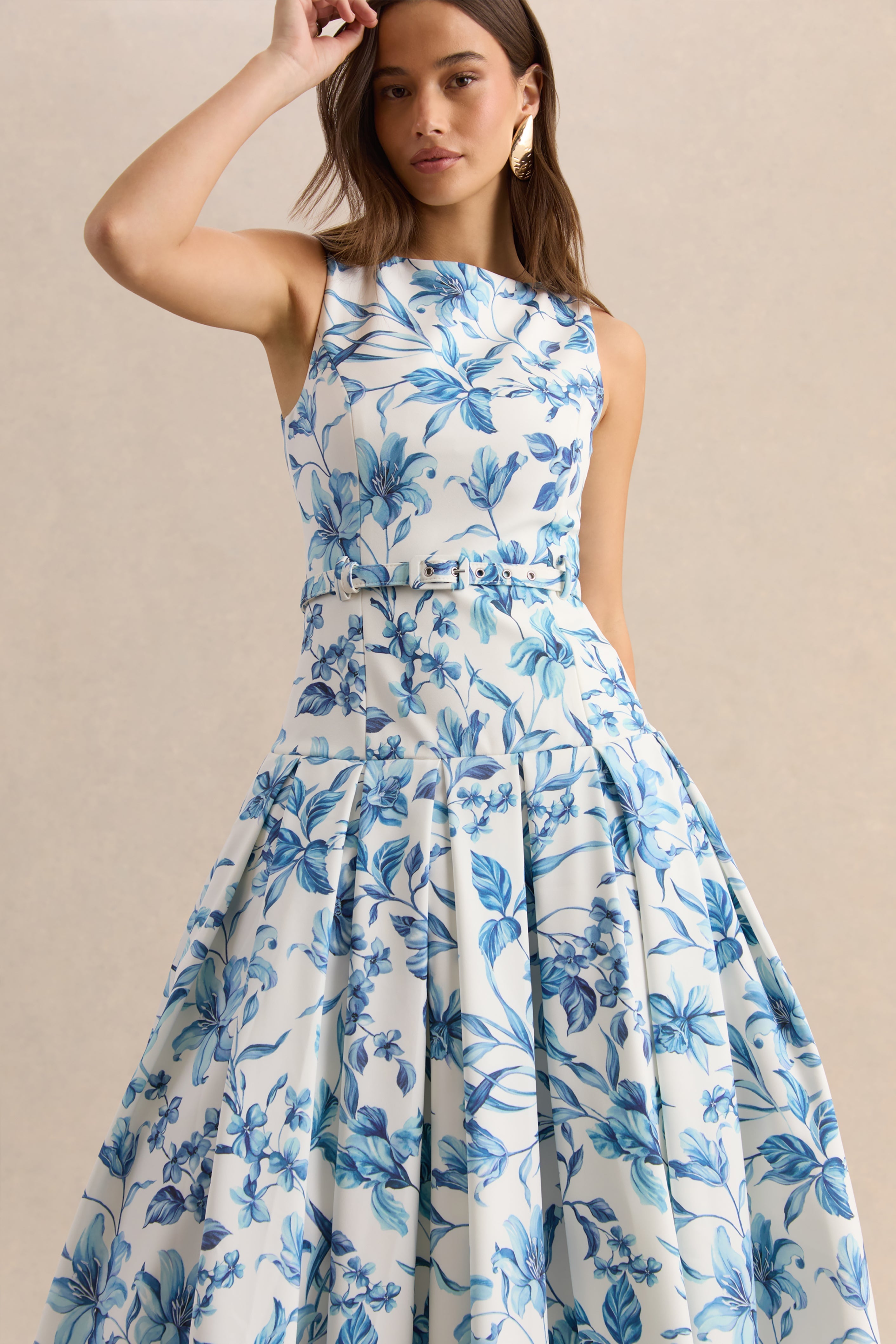 Sunnira | Blue Porcelain Print Boat-Neck Midi Dress With Drop-Waist