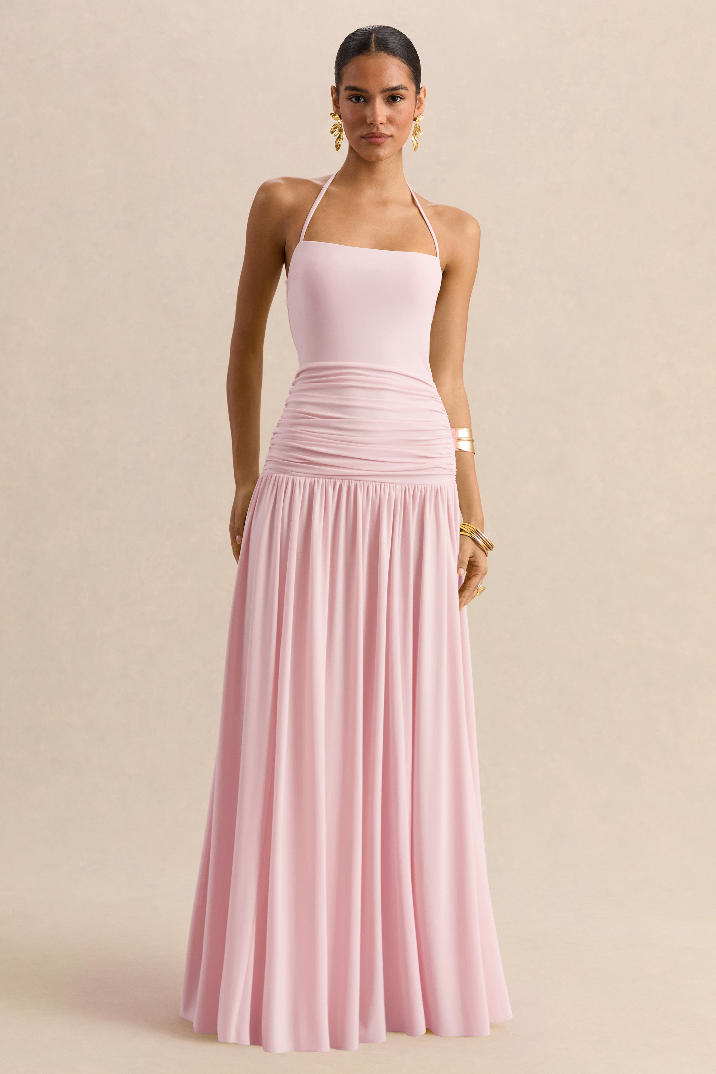 Nicolette | Pink Square-Neck Maxi Dress With Ruched-Detailing