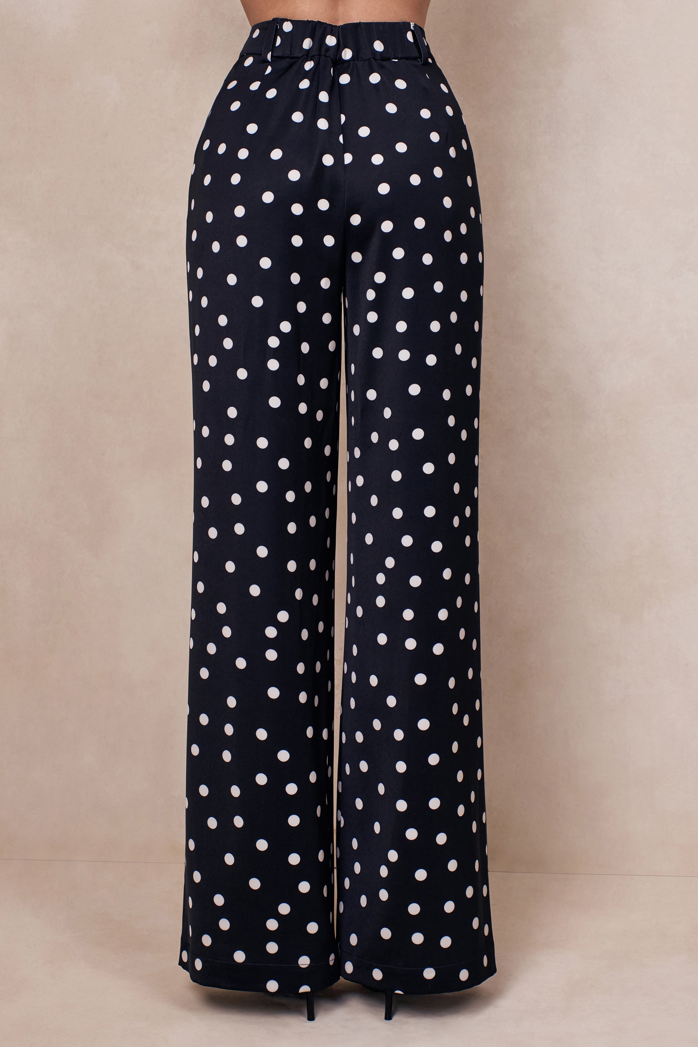 Seloria | Black & White Satin Polka Dot Wide-Leg Trouser