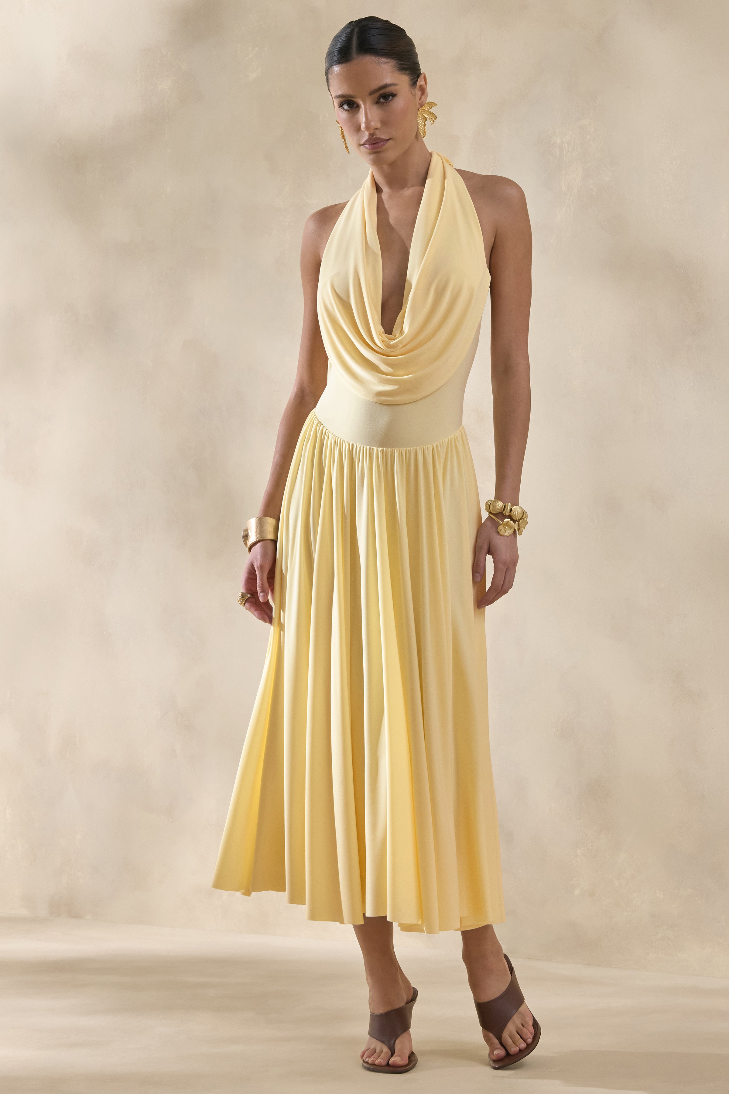 Veyra | Lemon Plunge Cowl-Neck Midi Dress