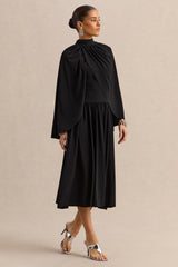 Honora | Black High-Neck Midi Dress With Cape-Sleeves