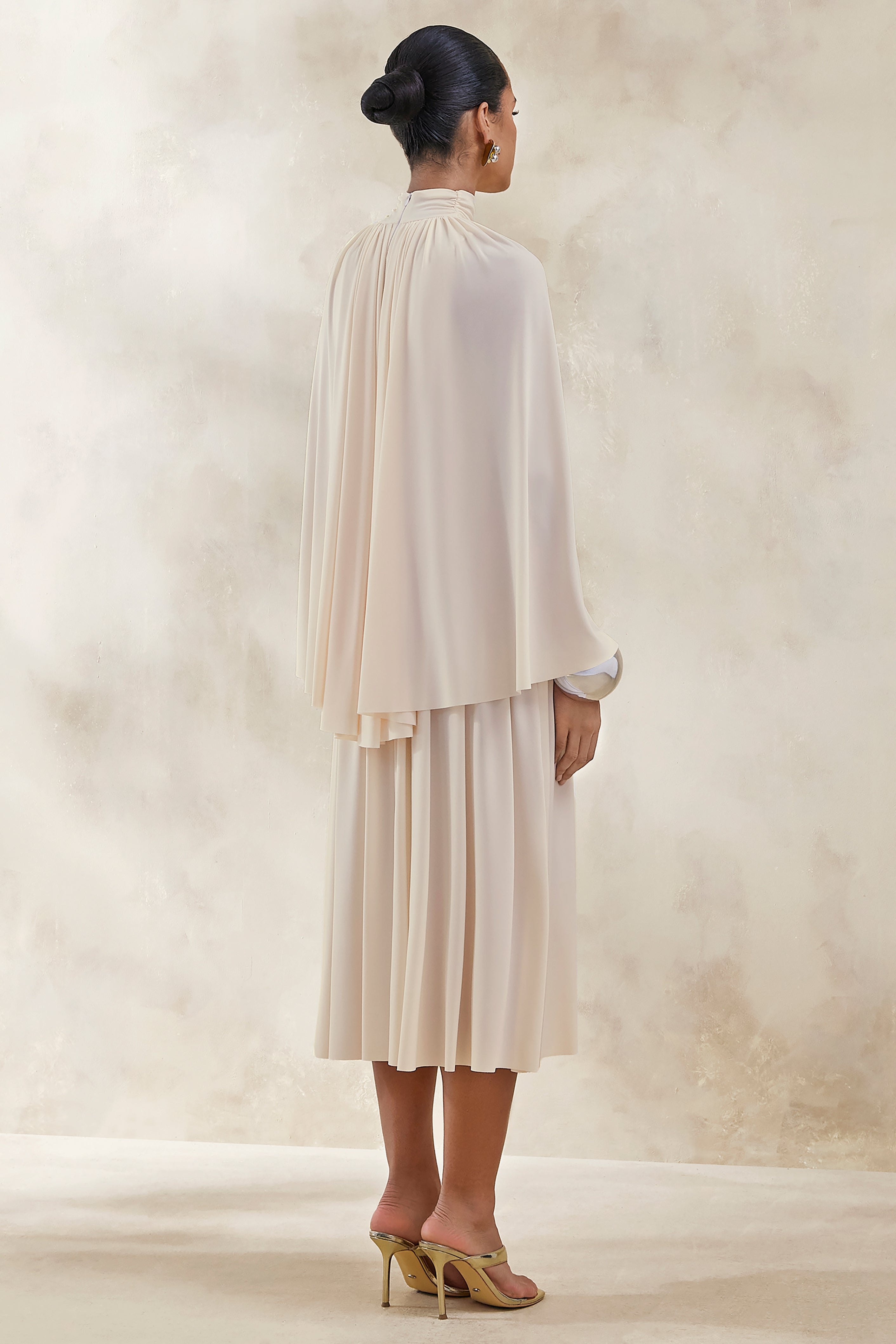 Honora | Cream High-Neck Midi Dress With Cape-Sleeves