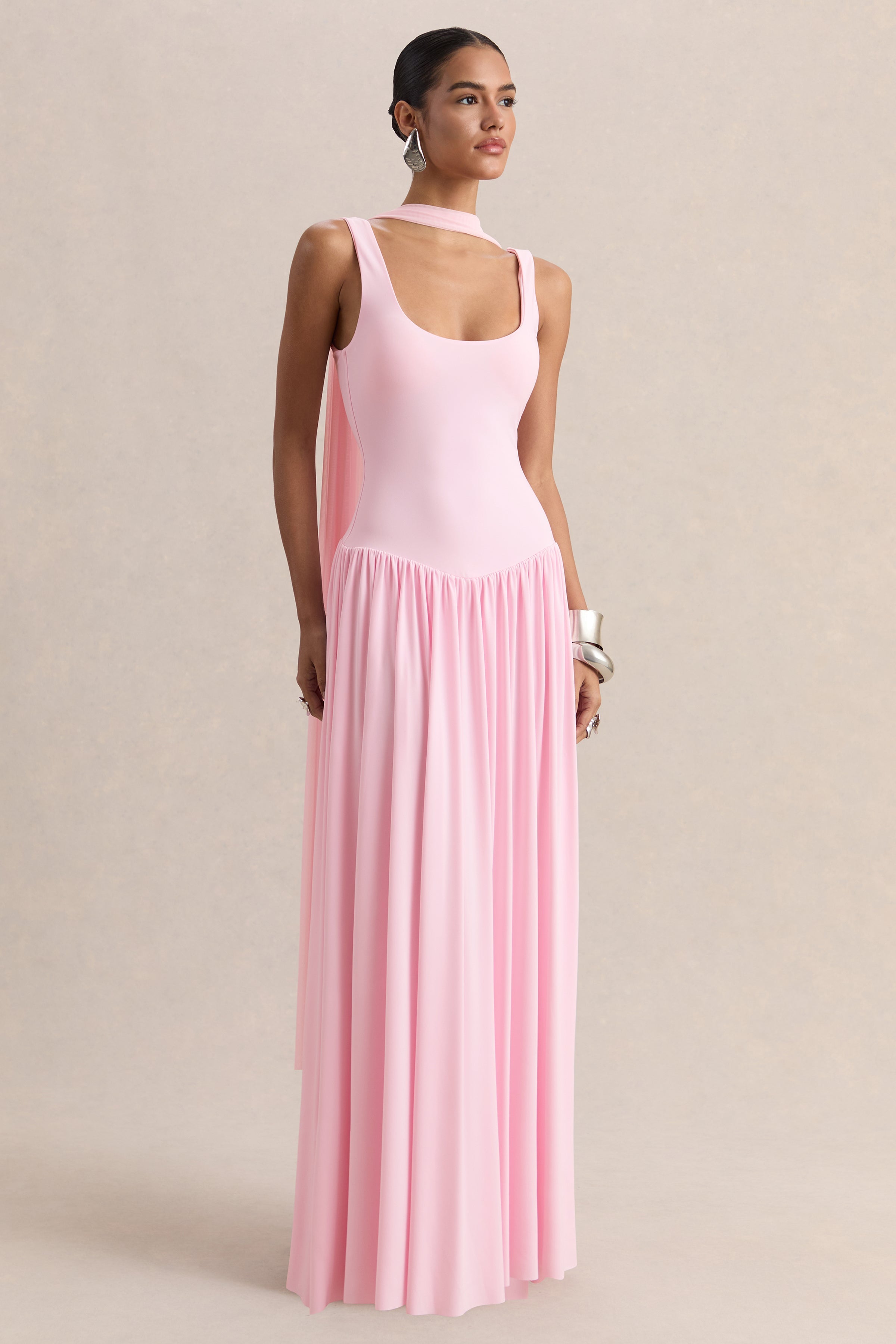 Aurina | Pink Square-Neck Maxi Dress With Scarf-Detail