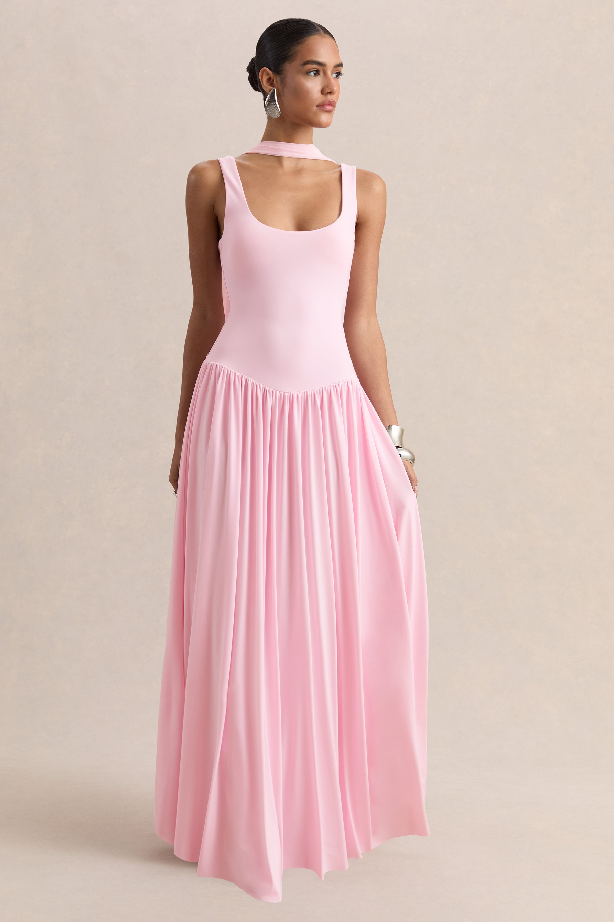Aurina | Pink Square-Neck Maxi Dress With Scarf-Detail