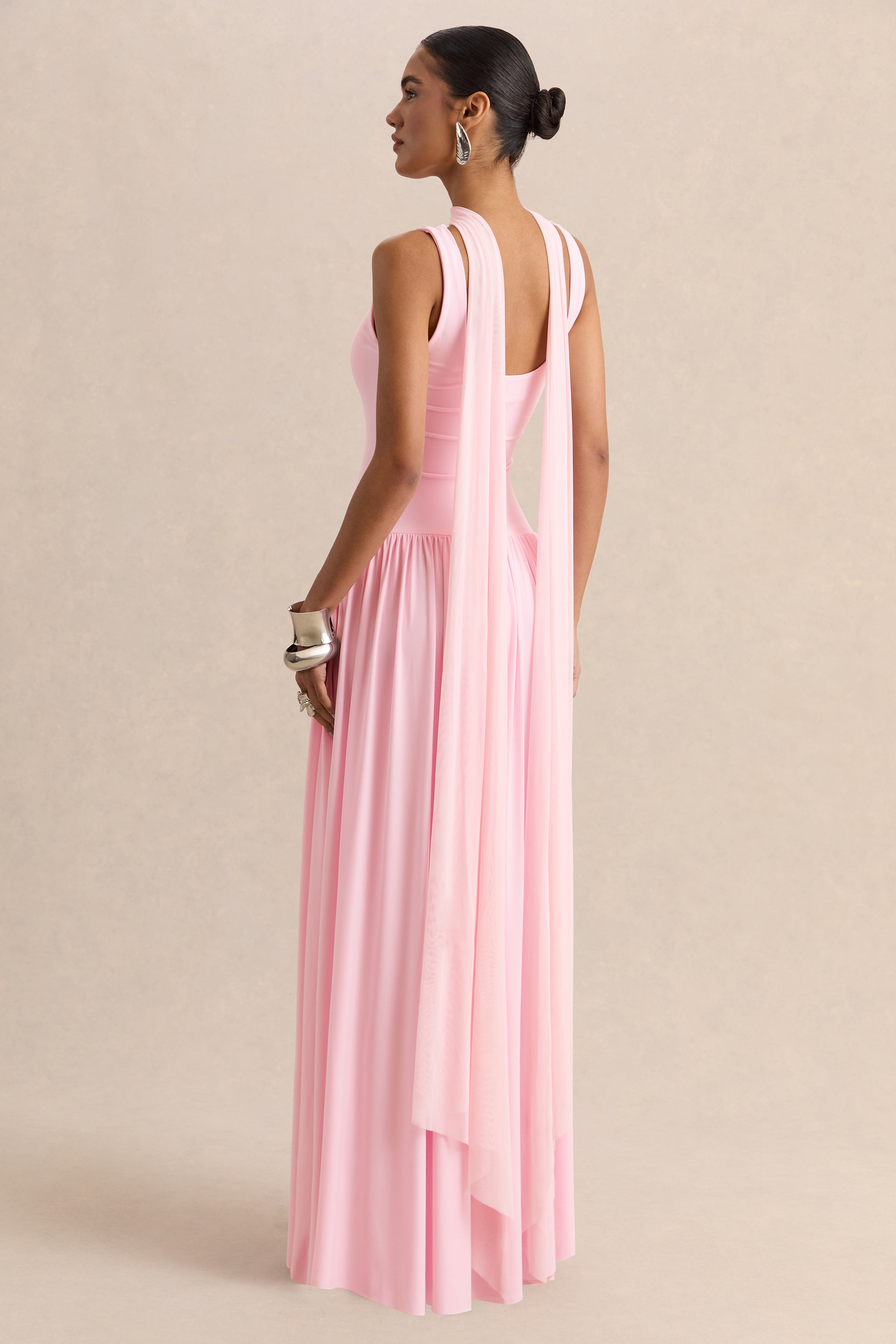 Aurina | Pink Square-Neck Maxi Dress With Scarf-Detail