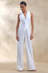 Brillora | White Plunge-Neck Tailored Jumpsuit