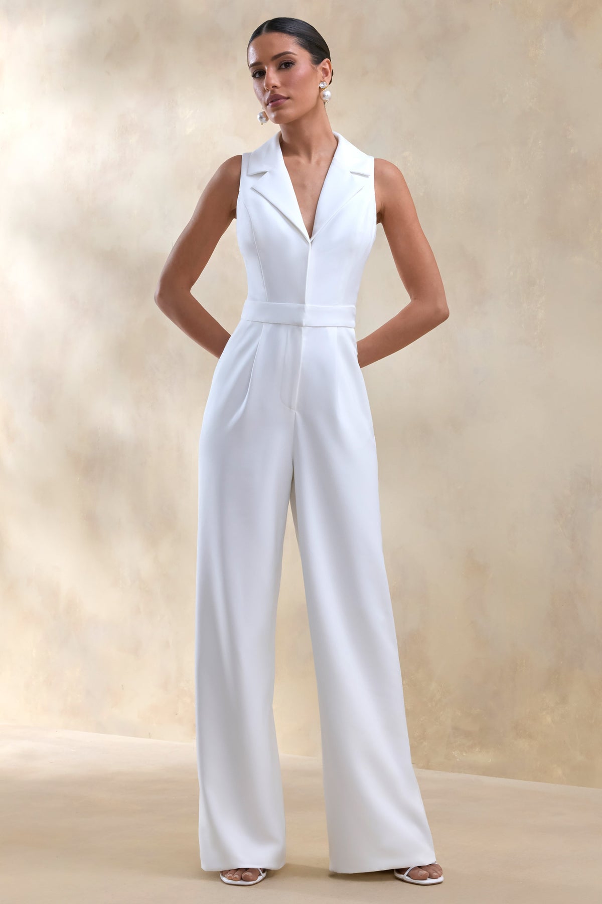 Brillora | White Plunge-Neck Tailored Jumpsuit