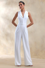 Brillora | White Plunge-Neck Tailored Jumpsuit