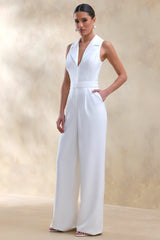 Brillora | White Plunge-Neck Tailored Jumpsuit