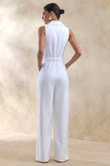 Brillora | White Plunge-Neck Tailored Jumpsuit