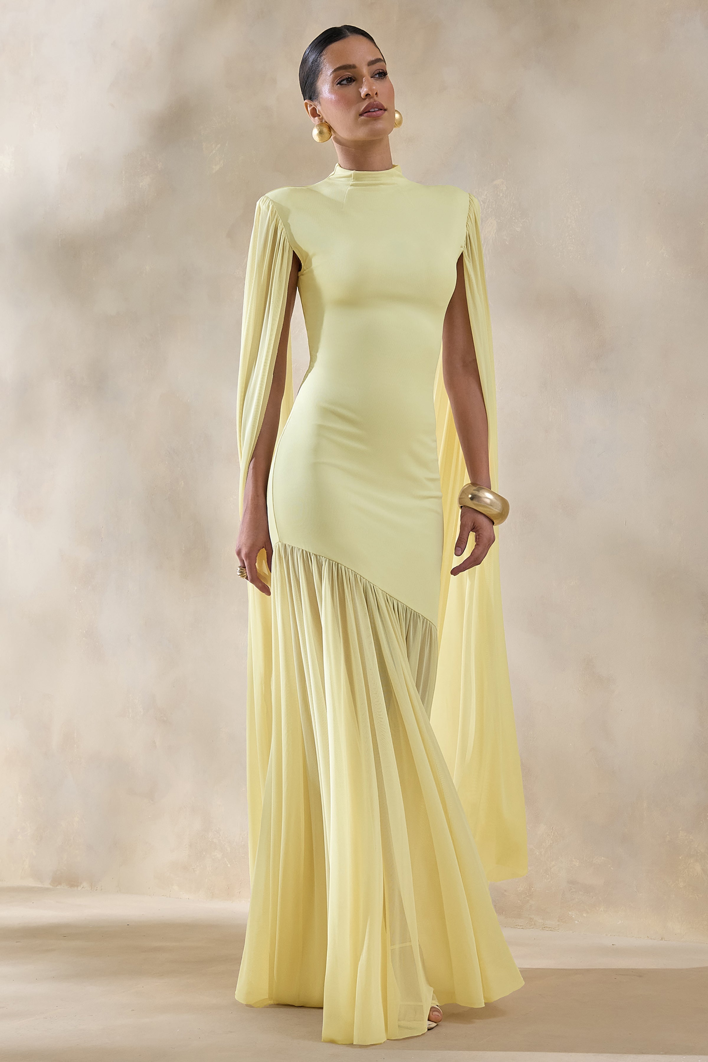 Chantelle | Lemon High-Neck Maxi Dress With Drop-Waist And Cape-Sleeves
