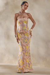 Severn | Yellow Embellished Floral Bandeau Maxi Dress