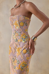 Severn | Yellow Embellished Floral Bandeau Maxi Dress