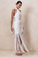 Skylar | White Lace Halter-Neck Maxi Dress With Open-Back And Bow Detail