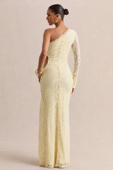 Norna | Lemon Lace Asymmetric-Neck Maxi Dress With Cut-Out And Bow Details