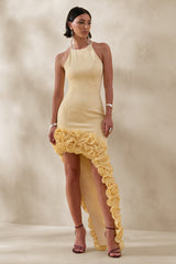 Indira | Lemon Halter-Neck Maxi Dress With Asymmetric-Floral Hem
