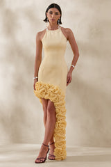 Indira | Lemon Halter-Neck Maxi Dress With Asymmetric-Floral Hem