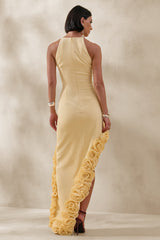 Indira | Lemon Halter-Neck Maxi Dress With Asymmetric-Floral Hem