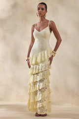 Avelisse | Lemon Lace Plunge-Neck Maxi Dress With Ruffled Detailing