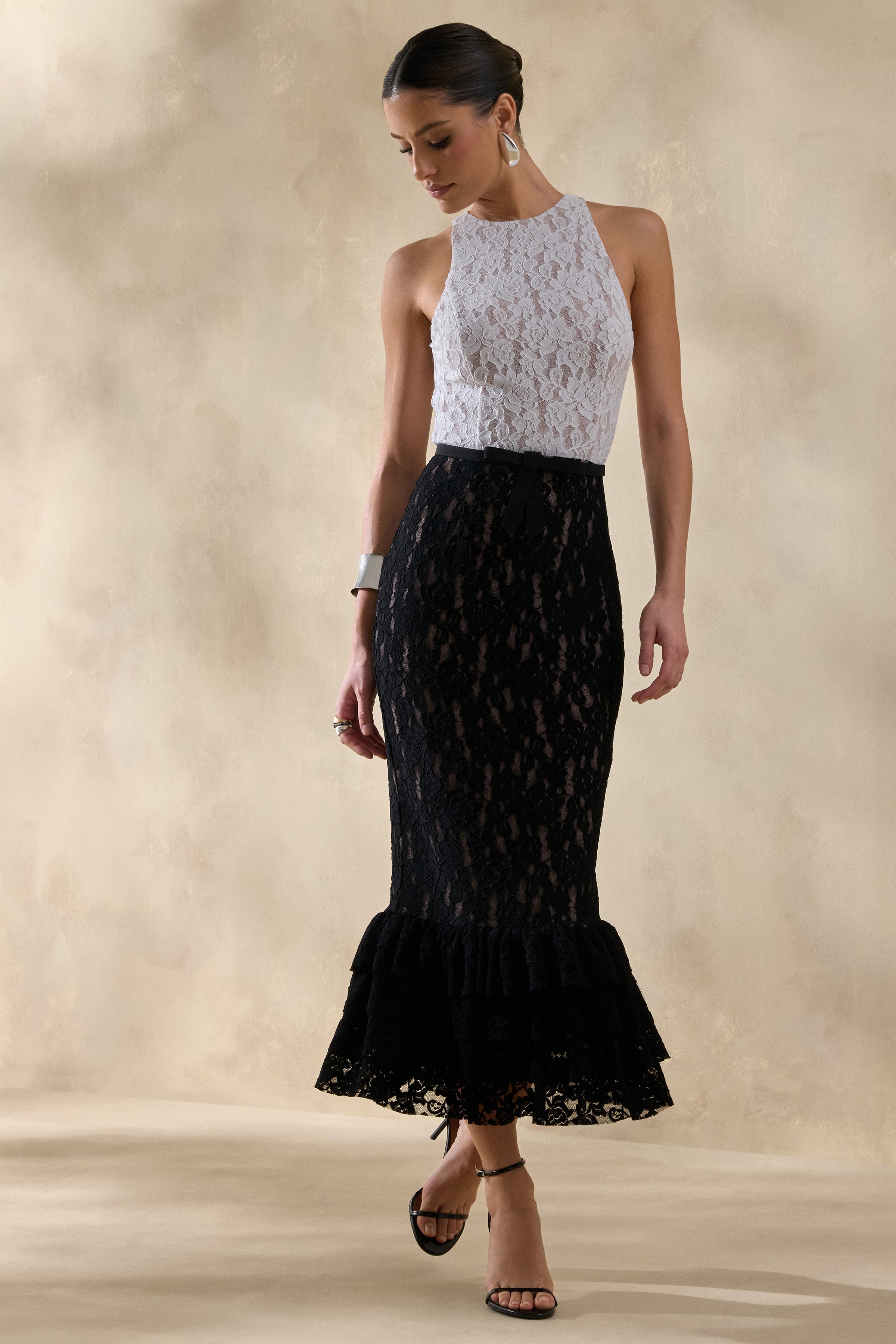 Vionna | Black And White Lace High-Neck Midi Dress With Bow-Belt Detail