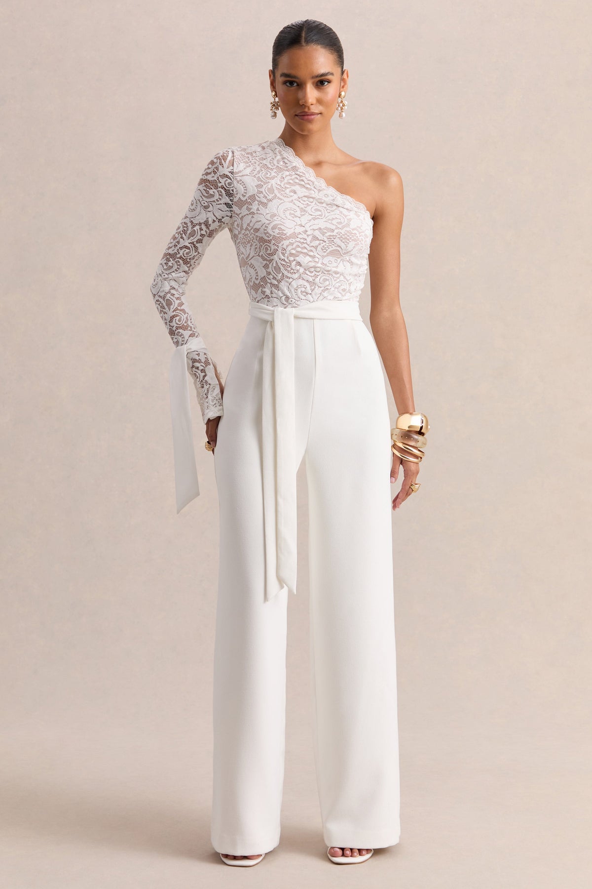 Clarence | White Lace Asymmetric-Neck Jumpsuit With Bow-Details