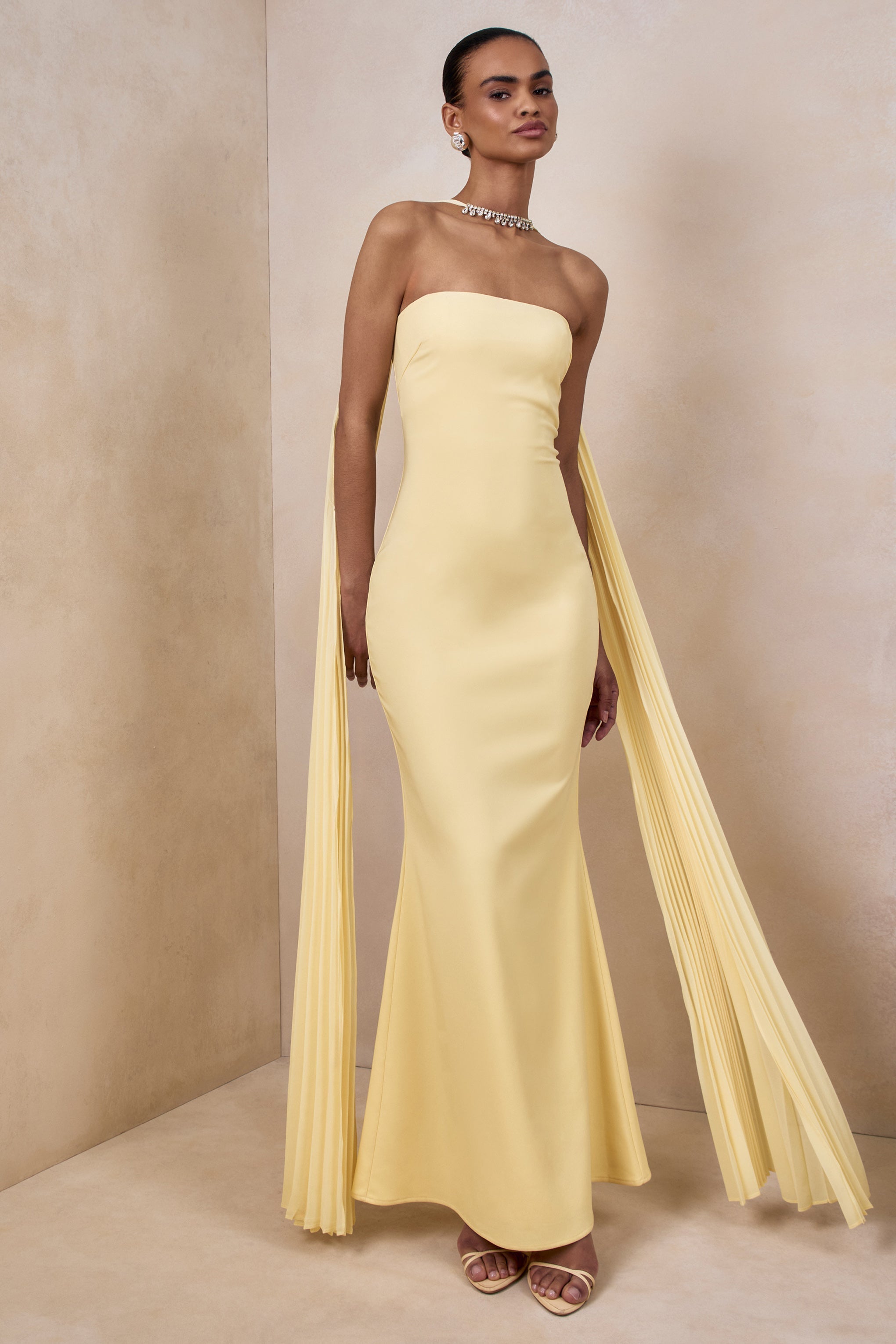 Avery | Lemon Bandeau Maxi Dress With Embellished Scarf