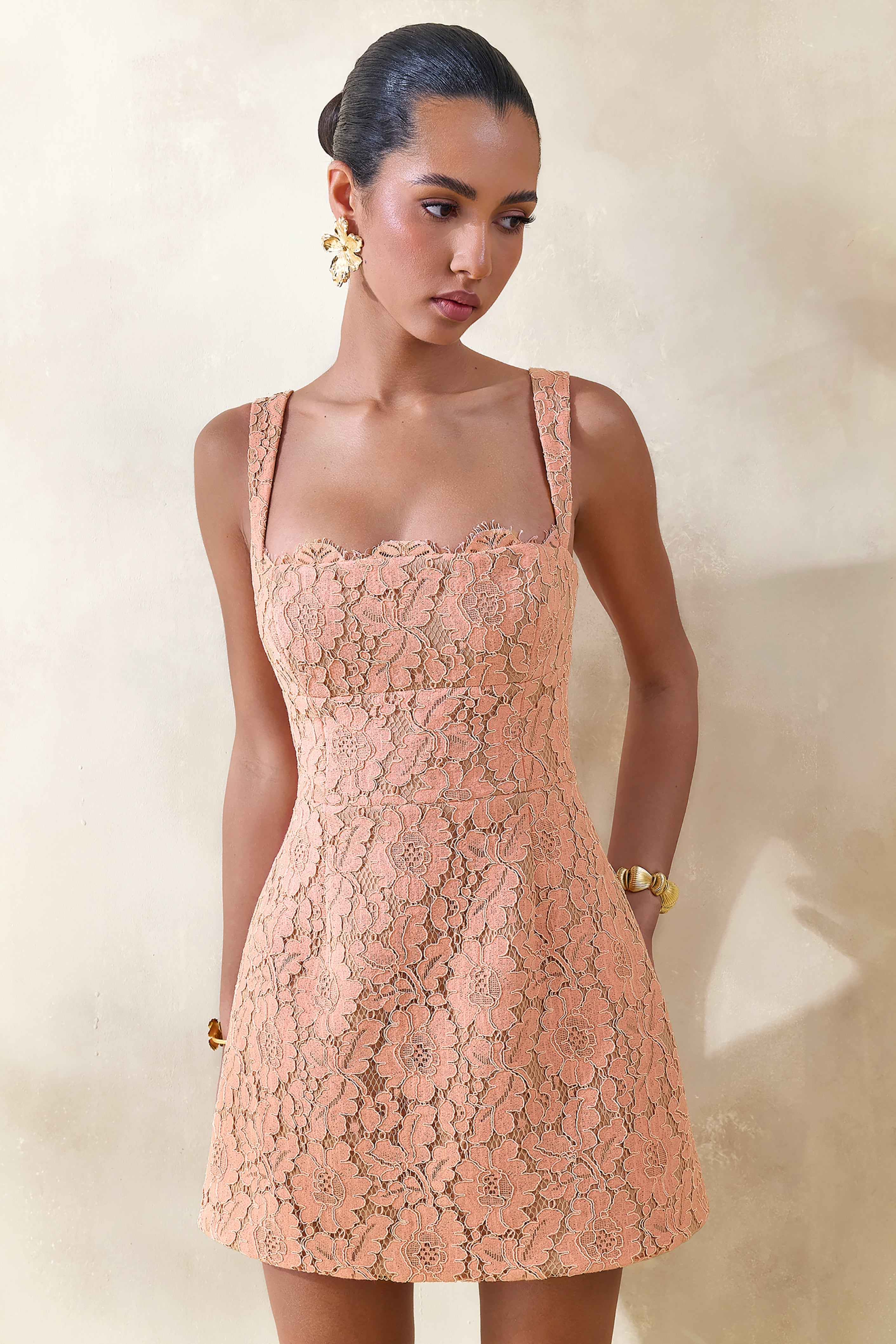 Orelisse | Coral Lace Square-Neck Mini Dress