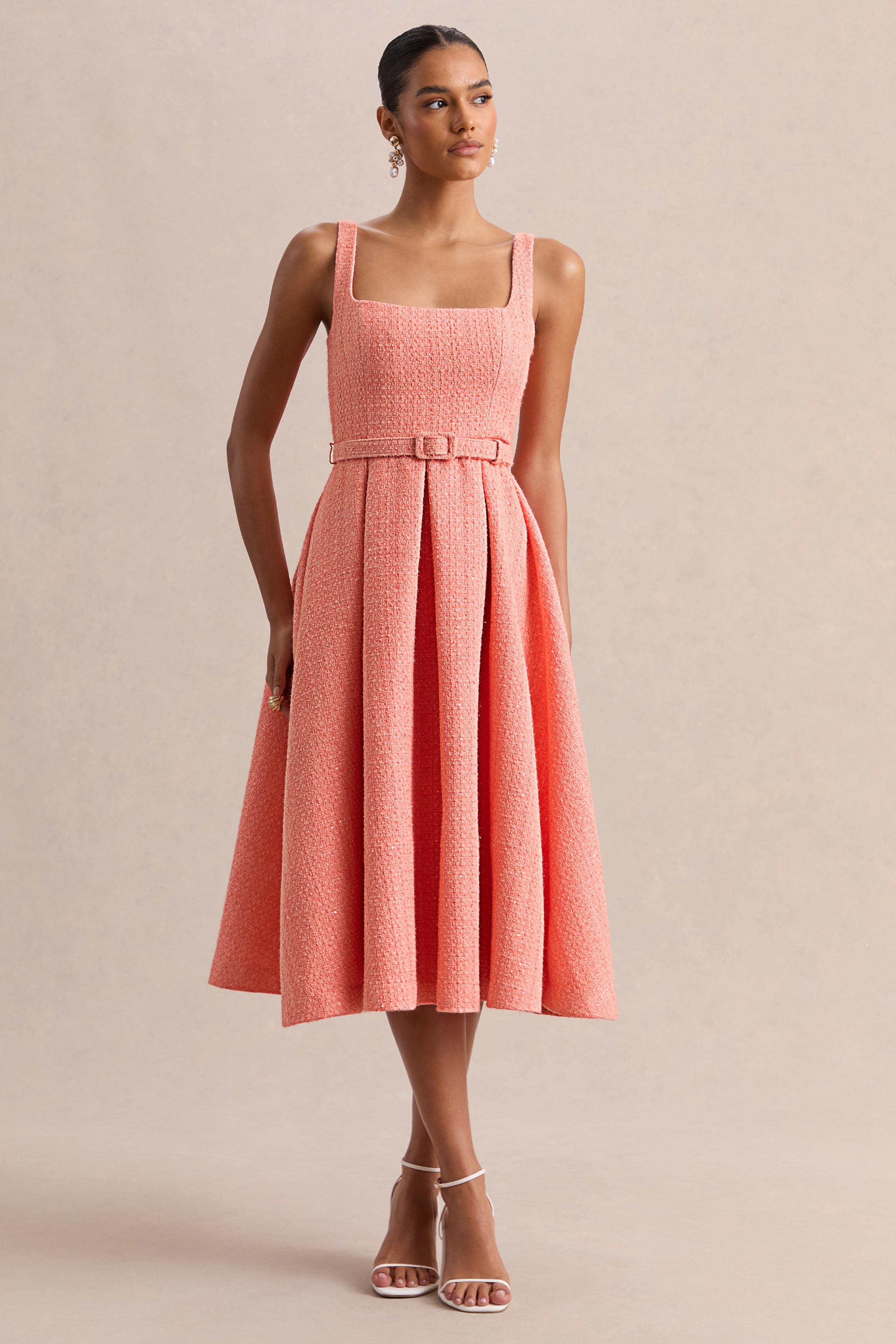 Camoria | Coral Boucle Square-Neck Midi Dress