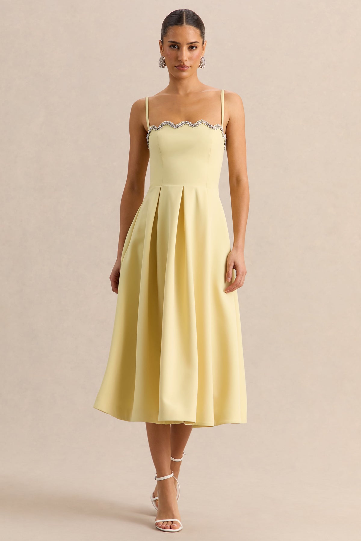 Evoria | Lemon Scalloped Square-Neck Midi Dress