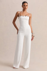 Calira | White Scalloped Square-Neck Jumpsuit