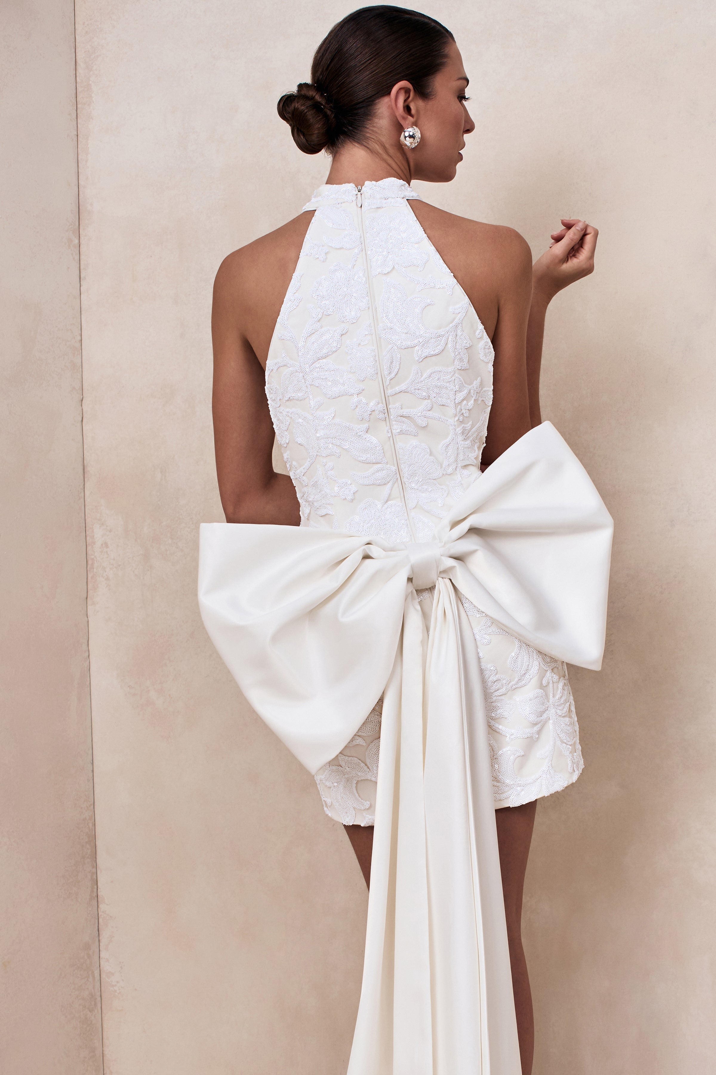 Dreamer | White Lace Halter-Neck Mini Dress With Oversized Bow Detail