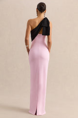 Adara | Pink & Black Asymmetric-Neck Maxi Dress With Bow-Detail