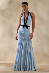 Cosmina | Powder Blue Plunge-Neck Maxi Dress With Bow-Detail