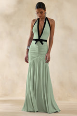 Cosmina | Mint Plunge-Neck Maxi Dress With Bow-Detail