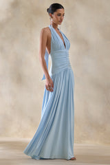 Bettina | Powder-Blue Plunge-Neck Maxi Dress With Gathered-Detailing