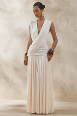 Glorina | Cream Plunge-Neck Maxi Dress With Draped-Detailing