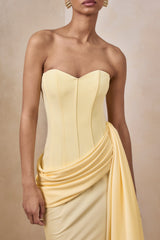 Nalira | Lemon Satin Bandeau Maxi Dress With Draped Skirt