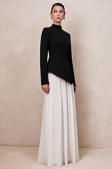 Halma | Black & White High-Neck Maxi Dress With Drop-Waist