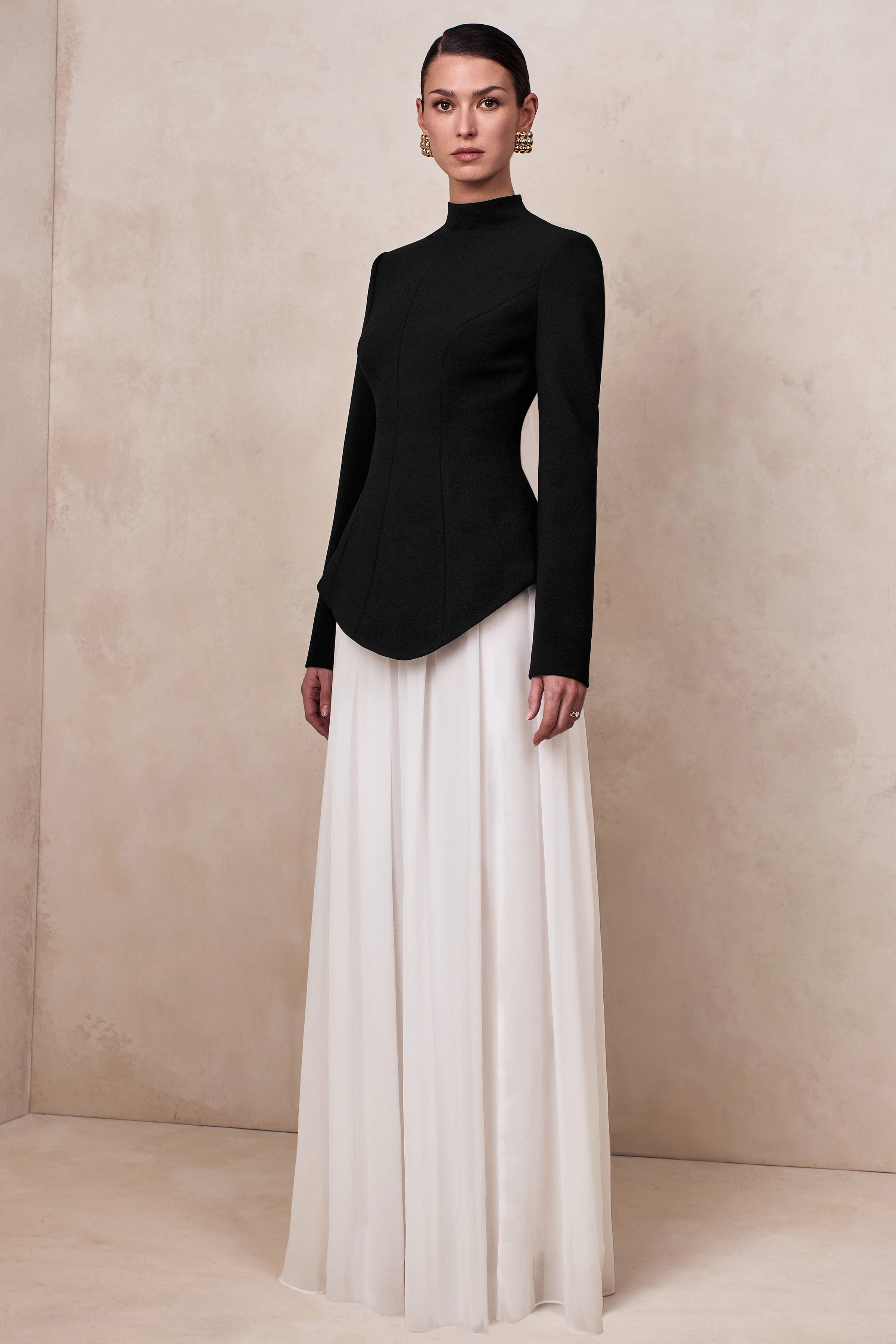 Halma | Black & White High-Neck Maxi Dress With Drop-Waist