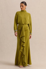 Perla | Olive High-Neck Maxi Dress With Gathered-Detailing